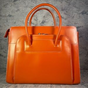 Structured Orange Leather Laptop Tote Bag with Double Handles
